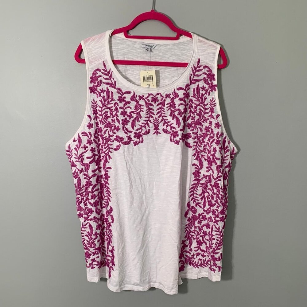 NEW Lucky Brand Embroidered Tank Top Women 3X White Magenta Floral Slub Knit